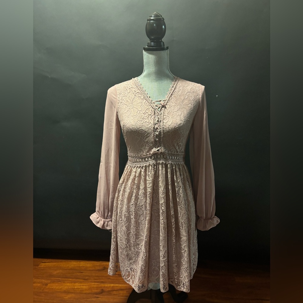 Topshop Blush Lace Long Sleeve Dress
